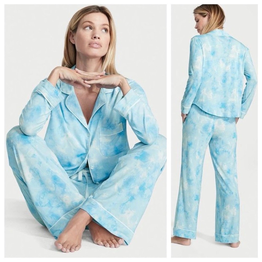 Victoria's Secret S Breaker Blue Tie Dye Modal Pajama Set Cloud Print LS Pants